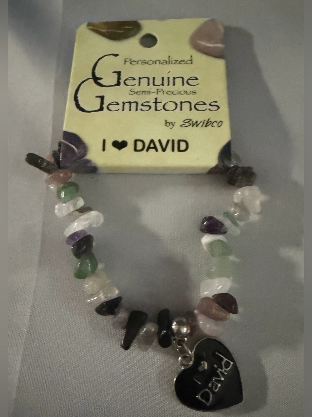 Multicolor Genuine Gemstone Bracelet with 'I ♥ David' Charm